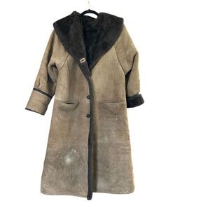 Vintage Shearling Suede Full-Length Trench Coat Genuine Sheepskin 70s